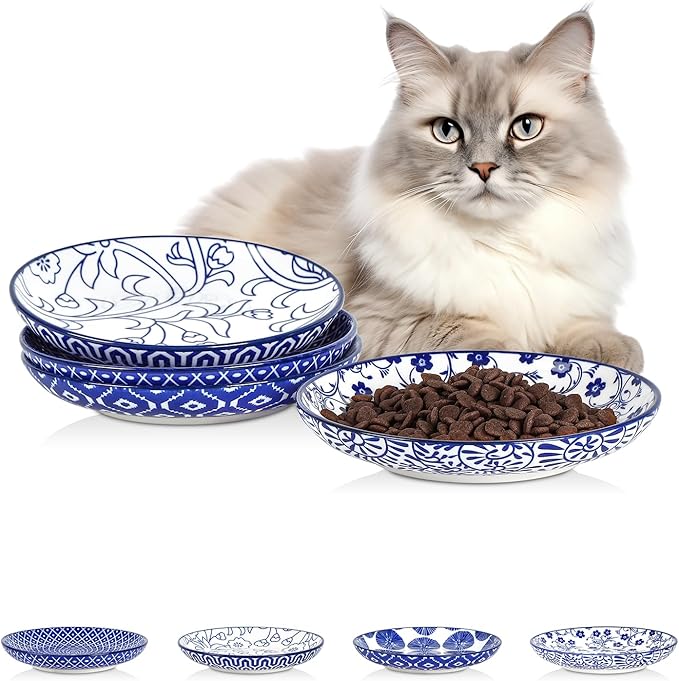Selamica Ceramic Cat Bowls, 6 Inch Wide Shallow Cat Food Bowl for Relief Whisker Fatigue, Set of 4, Vintage Blue