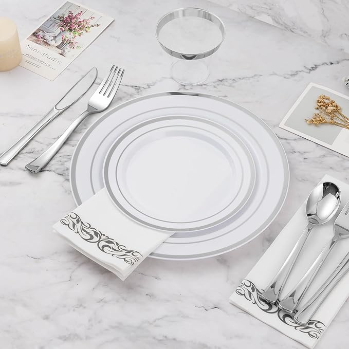 BESTVIP 350 PCS Silver Dinnerware Set for 50 Guests, Plastic Dinnerware Set for Party, Wedding, Christmas, Halloween, Include: 100 Plastic Plates, 50 Silver Silverware, 50 Cups, 50 Paper Napkins