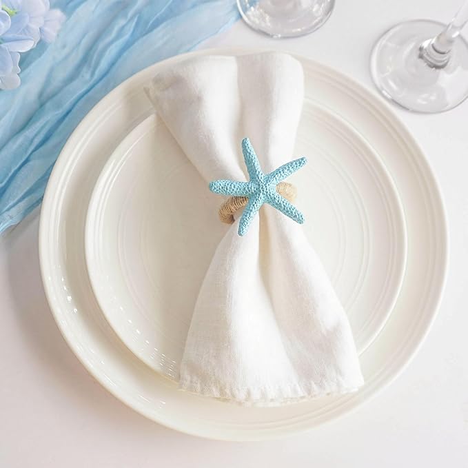 Starfish Napkin Rings Set of 6, Blue Sea Star Napkin Ring Holders for Crafts, Beach, Dinner Party, Wedding, Theme Party, Banquet, Nautical, Coastal Table Decor
