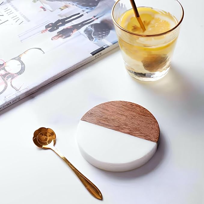 I-LAN 8Packs Round Natural Wood and Marble Style Drink Coasters for Coffee Wooden Table, Drink Bar Coaster Set/Tea Table Coasters for Living Room,Beer Cans,Bar Glasses,4 x 4 Inch