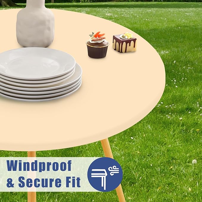 Round Spandex Tablecloth, Elastic Fitted Waterproof Tablecloths for 25"-30" Tables, Stretch Washable Picnic Table Cover for Camping, Dining, Indoor and Outdoor,Ivory