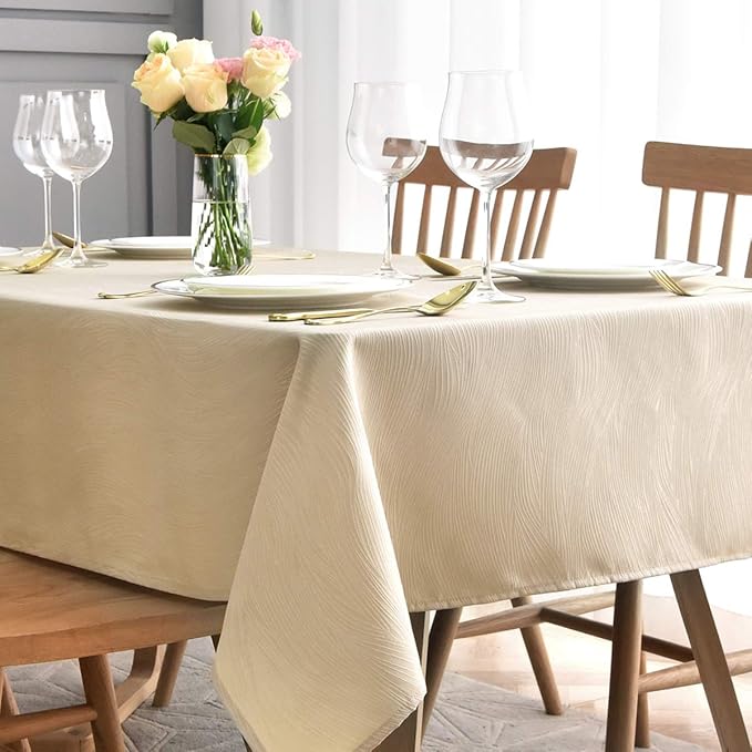 maxmill Jacquard Table Cloth Swirl Design Water Resistant Wrinkle Resistance Heavy Weight Soft Tablecloth for Kitchen Dinning Tabletop Decoration Oblong 60 x 140 Inch Beige