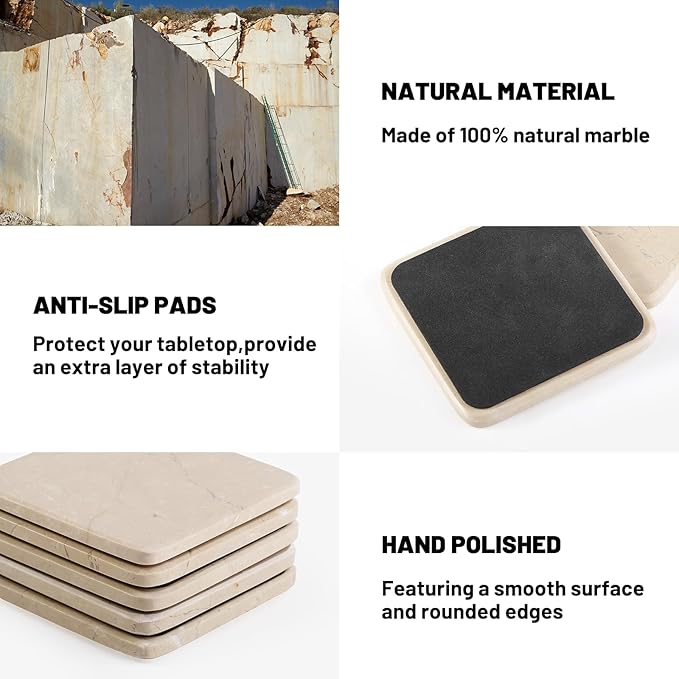 Koville Marble Coasters Set of 5, Square Coasters with Holder for Drinks, 4" Cup Coaster for Coffee Table Home Office Bar Decor, Heat Resistant Decorative Drink Coaster (Brown)