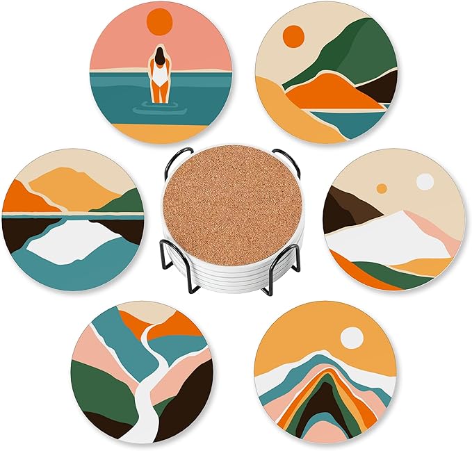 Boho Sunset Sunrise Mountain Set of 6 Coasters for Drinks Absorbing Round Ceramic Stone Coaster with Cork Base,Tabletop Protection Mat for Mugs and Cups,Office,Kitchen