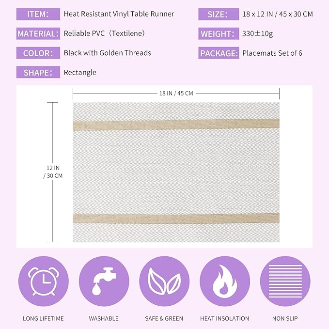 FAVE Placemats Set of 4 White Placemats Woven with Golden Thread Durable Vinyl Placemats Table Mats Set of 4 for Wedding, Banquet, Birthday, Party, Restaurant Decorations(White, 12"x18"-4PCS)