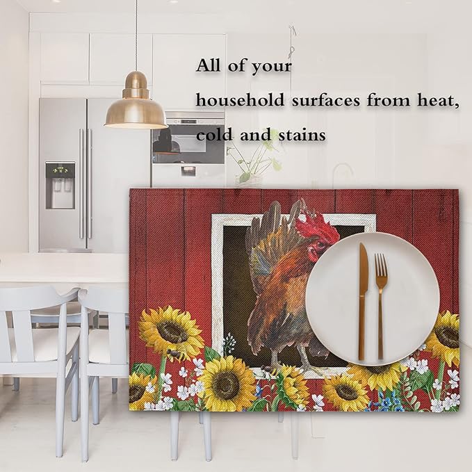 Watercolor Red Barn Cock Placemat Set of 6, Rooster Sunflowers Heart Heat-Resistant Washable Table Place Mats for Kitchen Dining Table Decoration