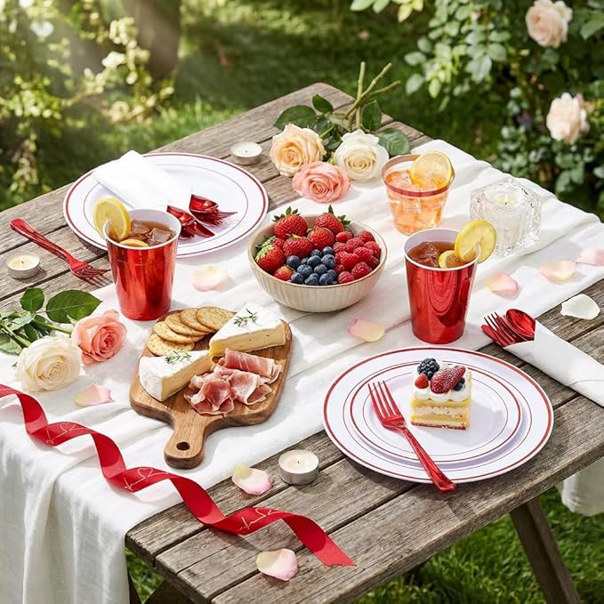 WELLIFE 350 Pcs Red Plastic Plates for 50 Guests - Plastic Dinnerware Set,Valentines Party Supplies Includes 100 Red Plates,150 Silverware,50 Napkins,50 Cups, Valentines Plates
