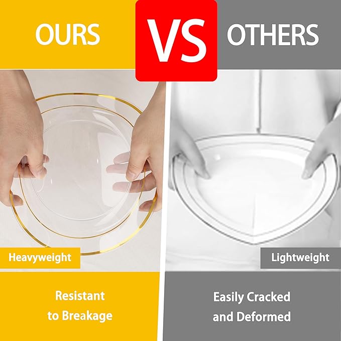 GATHER 350PCS Clear Gold Plastic Plates - Disposable Gold Dinnerware Sets Includes 100 Gold Rim Plastic Plates, 150 Silverware, 50 Napkins, 50 Cups for Party, Wedding
