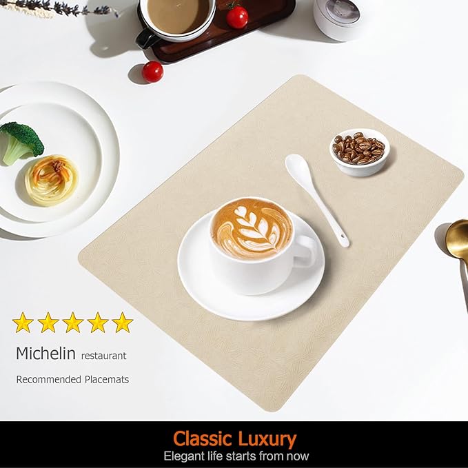 Vinyl Placemats Set of 6 Faux Leather 100% Waterproof Wipeable Washable Place Mats Heat Resistant Easy Clean Non-Slip Table Mats for Indoor Outdoor. (6,Beige)