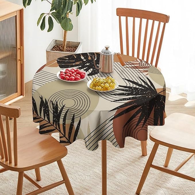 Boho Medieval Abstract Leaves Round Tablecloth, Mid Century Modern Bohemian Style Print Tablecloth for Home Party Dining Room Kitchen Decor 36Inch(90cm)