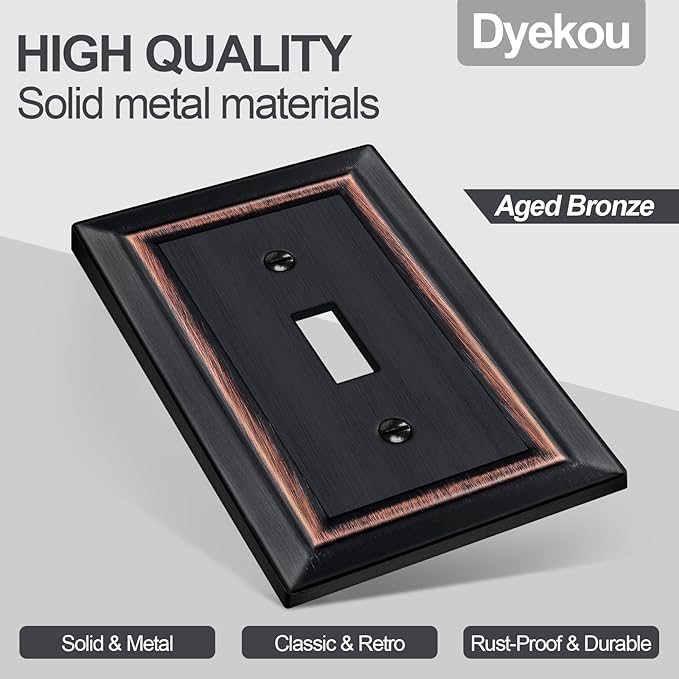 Oil Rubbed Bronze Light Switch Cover Plate, Decorative Metal Aged Bronze Switch Plates Outlet Cover, Light Switch Cover Plate, 1-Gang Wall Plates (Single Toggle, 6 Pack)
