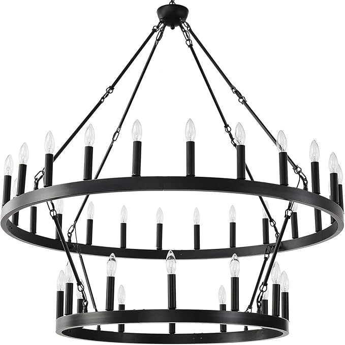 48 Inch Large Black Wagon Wheel Chandelier,2 Tier 36-Lights Farmhouse Industrial Country Style Round Pendant Light Fixture for Outdoor Porch high Ceilings Living Dining Room Foyer Entryway