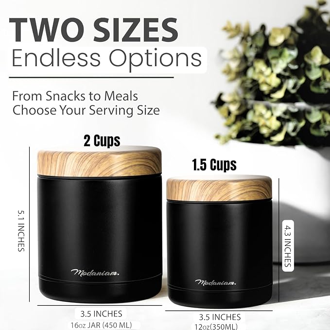 Stainless Steel Insulated Food Jar Set of 2 (16oz + 12oz) | Wide Mouth | Soup Thermo for Hot Food Lunch Container | Thermal LunchBox | Insulated Soup Bowl | Hot and Cold Lunch Box for Adults | Black