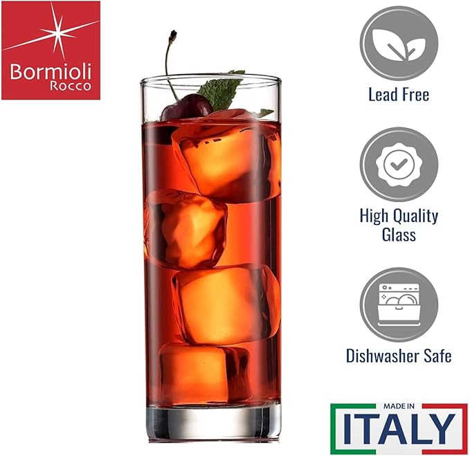 Bormioli Rocco Cortina 13.5 Oz Cooler Glass (Set of 6) - Elegant & Versatile Drinking Glasses for Soft Drinks, Long Drinks, Crushed Ice Beverages - Barware Essential, Dishwasher Safe Glassware