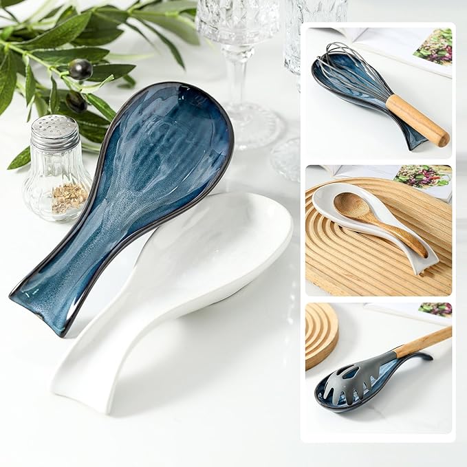 Ceramic Spoon Rest for Stove Top,Large 8.7 Inch Spoon Holder for Kitchen Counter,Porcelain Rest for Thankgiving and Christmas Gift,Dishwasher Safe and Heat-Resistant,White and Blue(2 PC)