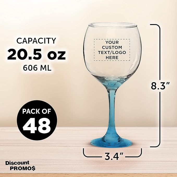 Custom Premiere Wedding Wine Glasses 20.5 oz Set of 48, Personalized Bulk Pack - Restaurant Glassware, Perfect for Red Wine or White Wine - Blue