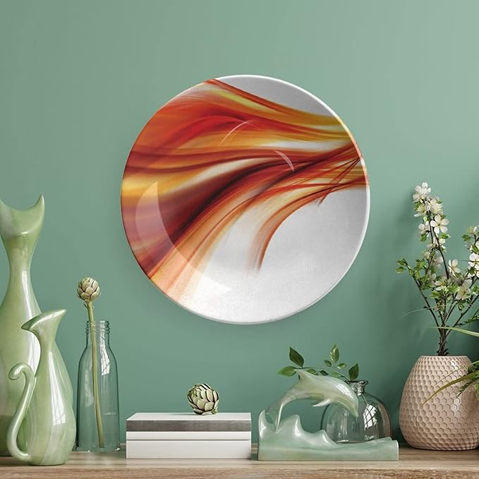 Decorative Plates, Abstract Print Ornament, Modern Smooth Lines Blurred Smock Art, 7 Inch, 1 Plate with 1 Display Stand, Orange Red