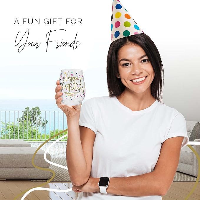 Your Dream Party Shop Happy Birthday Wine Glass, 22oz Stemless with Gold Print - Gift for Adults and Women, Happy Birthday Cups For Women