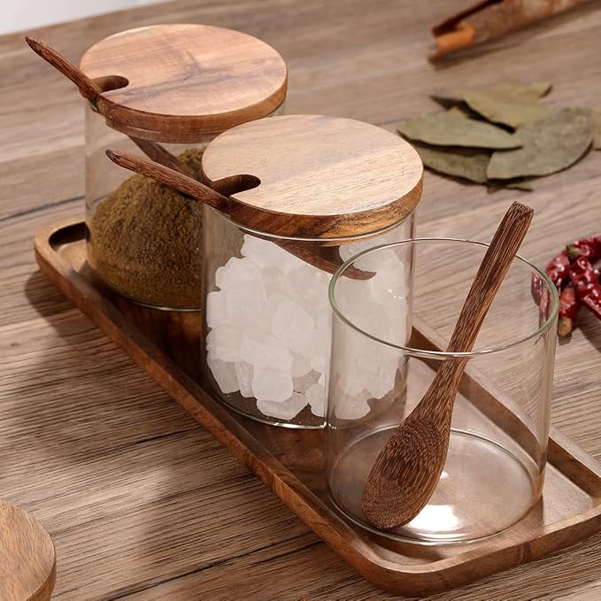 3 Pack 250ml / 8.5oz Clear Glass Spice Jar with Acacia Wooden Lid and Spoon, Classic Style, Kitchen Storage Container, 3.2 inches (diameter) x 3.5 inches (height)