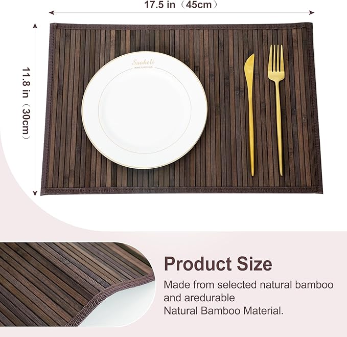 Bamboo Placemats with Fabric Border Set of 4 Natural Bamboo Rectangular Rolling Table Mats for Dining Kitchen Table Heat Resistant Table Protection Dark Brown