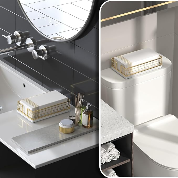 Wican Marble Guest Towel Holder Tray for Bathroom, Napkins Holder for Powder Room Dinning Table Wooden Basket for Disposable Paper Hand Towels Gold and Marble White