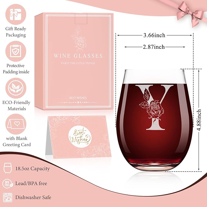 Valentines Day Gifts for Her, Gifts for Women Her Friend Mom Grandma Wife Sister Bridesmaid Nurse, Birthday Galentines Mothers Day Christmas, Personalized Initial Customized Wine Glasses 18OZ(Y)