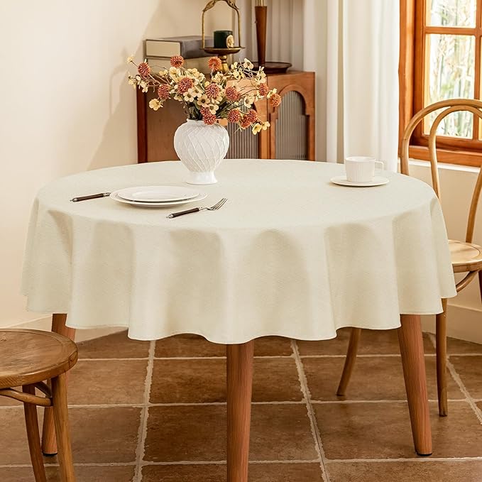 Water Resistant 60 Inch Beige Round Table Cloth, Textured Wipeable Round Tablecloth, Anti-Scratch Faux Linen Fabric for Card Table Dining Room Kitchen Patio