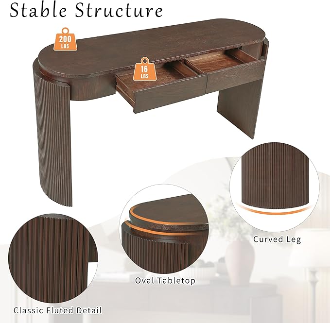 Merax 55" Entryway Table with Oval Top and 2 Drawers, Natural Wood Grain Finish Console Table with Fluted Design for Entryway and Living Room (Espresso)