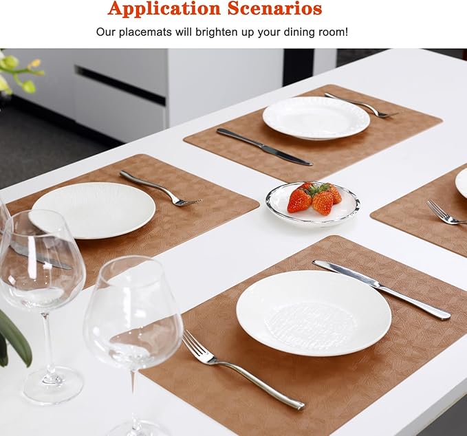 Vinyl Placemats Set of 4 Heat Resistant Easy Clean Non-Slip Place Mats for Dining Table Faux Leather Waterproof Stain Resistant Wipeable Washable PVC Table Mats(4, Light Brown)
