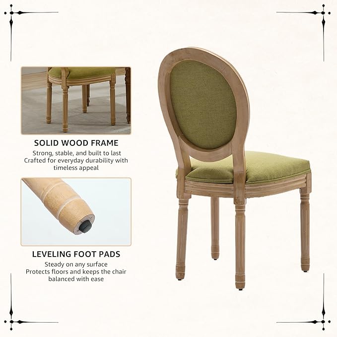 Vintage French Dining Chairs Set of 8, Round Back Upholstered Accent Chairs in Linen Fabric with Solid Wood Frame, Farmhouse Sillas de Comedor for Dining Room & Kitchen, Olive Green