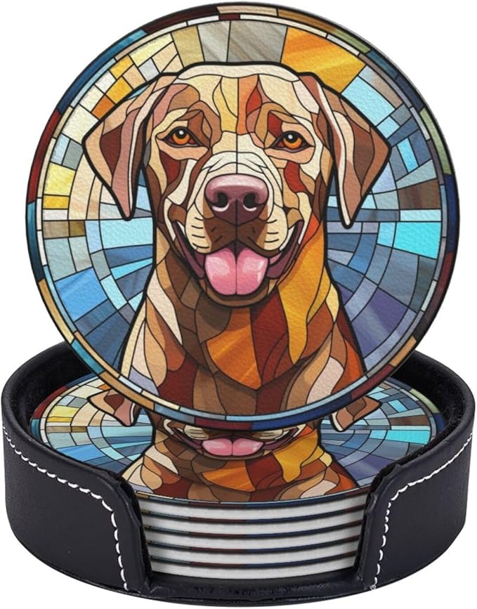 Drink Coaster Set of 6, Labrador Retriever Dog Mom Lover Gift,Leather Drink Coasters with Holder,6 Pack Cup/Bar/Drink Coasters for Table/Drinks/Coffee Protection Housewarming Gift