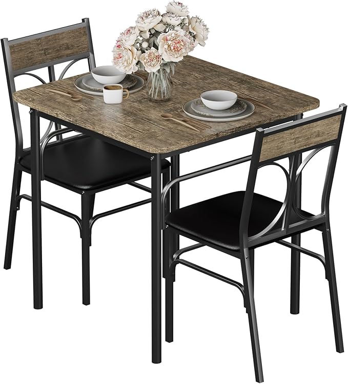 VECELO 3 Piece Dining Table Set for 2, Kitchen Table Set with 2 Chairs for Small Space, Space-Saving and Modern Design, Apartment, Easy to Assemble,Classic Brown