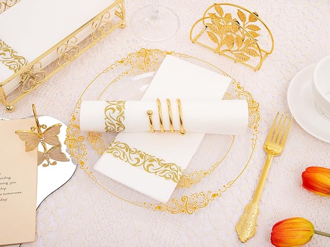 Hioasis 175pcs Clear and Gold Plastic Plates - Elegant Disposable Dinnerware Set Suitable for 25 Guests Include 10.25" Dinner & 7.5" Dessert Plates, Pre Rolled Silverware Set, Cups for Party & Wedding