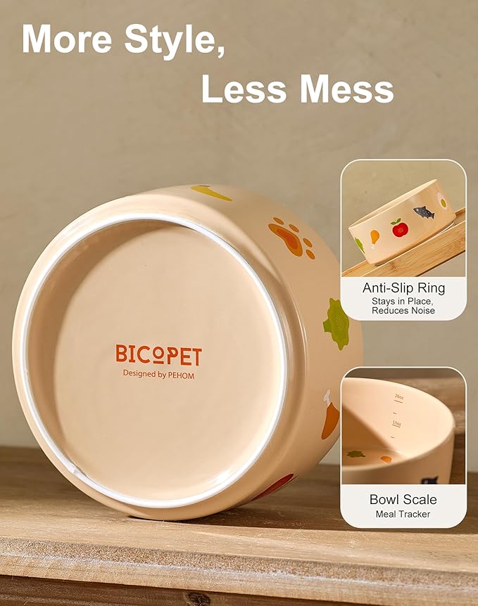Ceramic Dog and Cat Bowl Set of 2 with Weighted Non-Slip Ring - 1.6 Cups, Stoneware Food and Water Set, Pet Feeding, Microwave and Dishwasher Safe-NomNom-S 2pcs