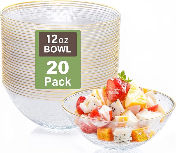 I00000 20 Pack 12 Ounce Clear Plastic Bowls Hammered Gold Rimmed, Heavy Duty Disposable Bowl Set,Elegant Ice Cream Bowls For Birthday, Wedding & Party