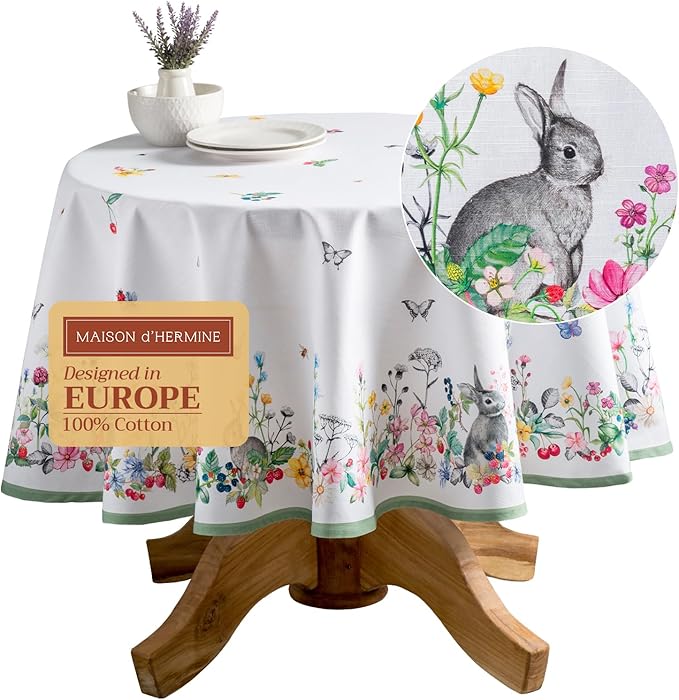 Maison d' Hermine Table Cloth Round Table 100% Cotton 69 Round Inches Tablecloth Reusable Decorative for Dining Room Farmhouse Home Valentines Day Decorations Spring Summer - Printemps