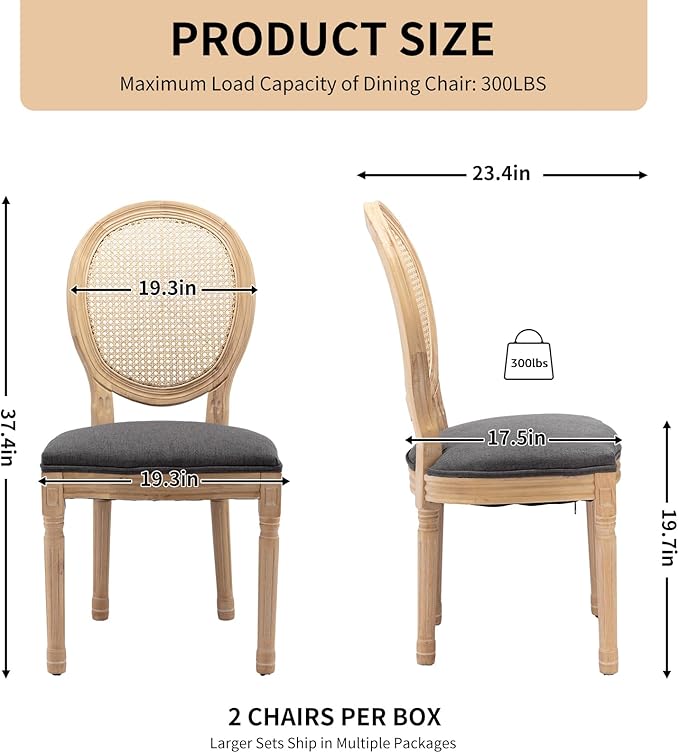 Vintage French Rattan Dining Chairs Set of 2, Solid Wood Frame with Round Rattan Back and Linen Upholstered Seat, Farmhouse Accent Sillas de Comedor Side Chairs for Dining Room & Kitchen, Gray