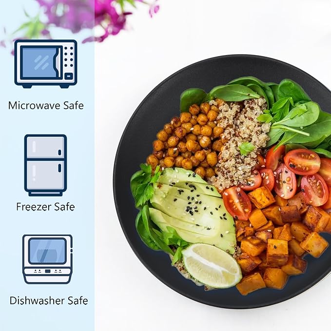 Homienly Dinner Plates Set of 8 Unbreakable Wheat Straw Plates with Textured Design - Microwave & Dishwasher Safe - Perfect for Camping, Kitchen Use - Black, 9 inch