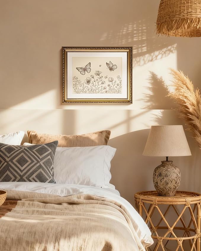 InSimSea Gold Picture Framed Wall Art, Vintage Butterflies Nursery Wall Decor, Neutral Wildflowers Botanical Canvas Print Art, Home Farmhouse Decor, Antique Paintings with Frame 13x16inch