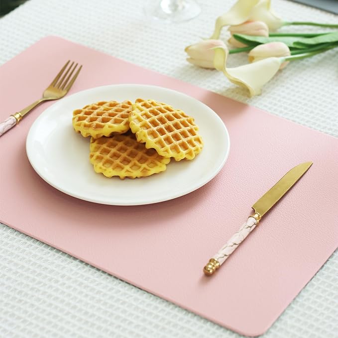 Faux Leather Placemats HeloHo Pink and Grey Table Place Mats Set of 6 Waterproof Oilproof Heat Stain Resistant Washable Wipeable Placemat for Kitchen Dining Table Decoration Indoor Outdoor
