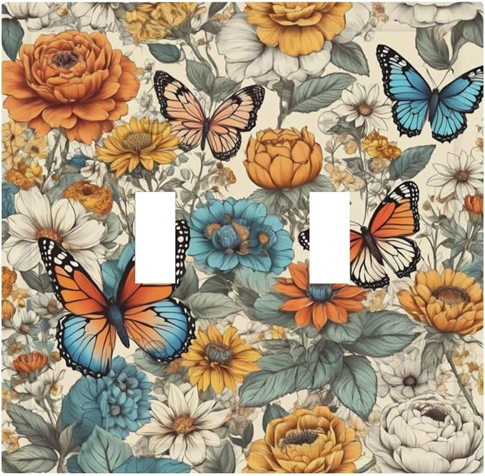 Decorative Light Switch Cover Vintage Colorful Floral Butterfly Flowers 2 Gang Wall Plate Double Toggle Switch Plate Receptacle Electrical Outlet Cover Switchplate for Bathroom Bedroom（2 Pack）