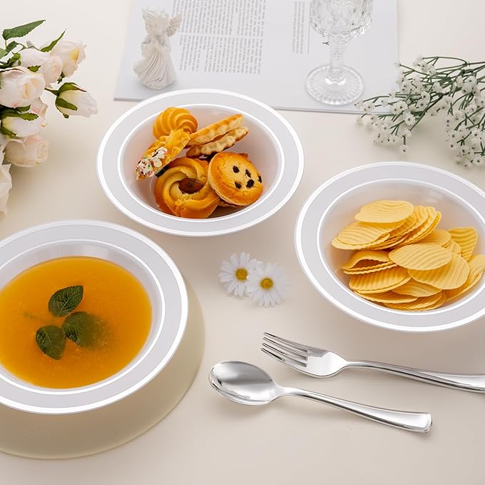 100pc Deep Bowl With White Background And Double Silver Edges, 12oz,Disposable Soup Bowls,Disposable Soup Dessert Salad Bowls for Wedding/Party/Catered Events