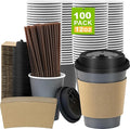 100 Pack 12 oz Disposable Coffee Cups with Lids and Sleeves, Leak-Proof To Go Coffee Cups, PLA Paper Coffee Cups for Hot Beverage