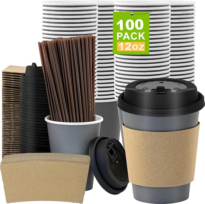 100 Pack 12 oz Disposable Coffee Cups with Lids and Sleeves, Leak-Proof To Go Coffee Cups, PLA Paper Coffee Cups for Hot Beverage
