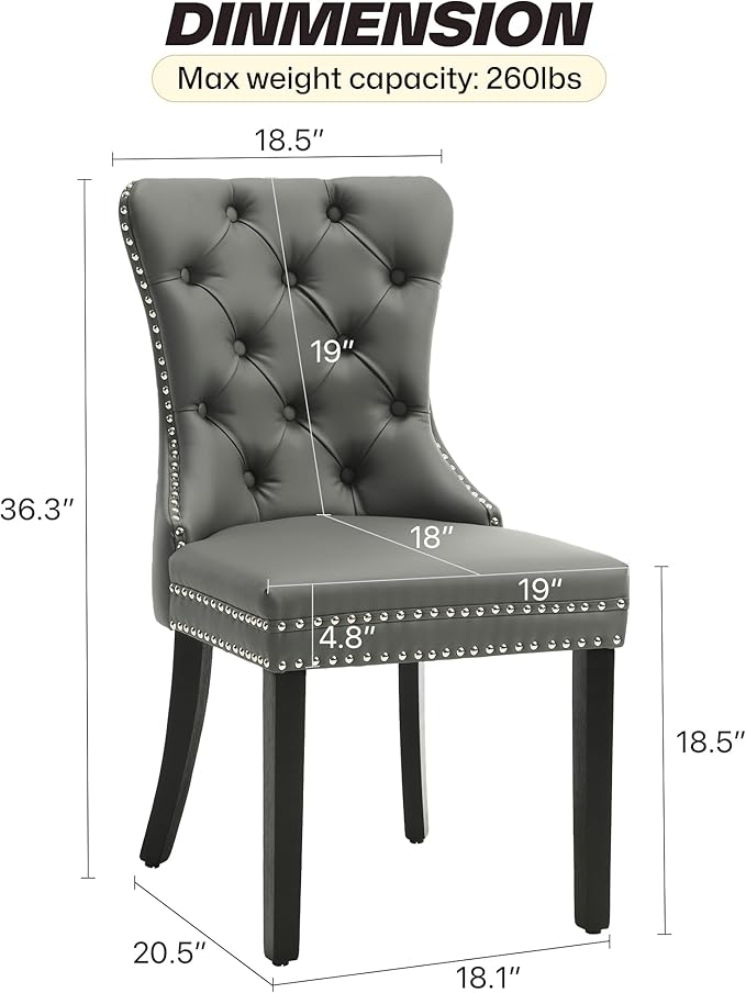 KCC Faux Leather Dining Chairs Set of 6, Upholstered High-end Tufted Dining Room Chair with Nailhead Back Ring Pull Trim Solid Wood Legs, Contemporary Nikki Collection Modern Style for Kitchen, Gray