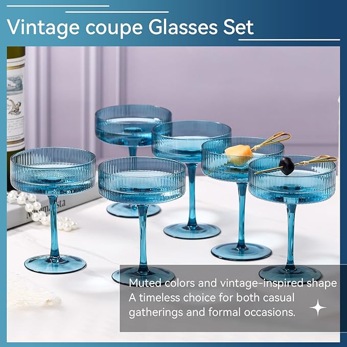 Blue 9 oz Vintage Art Deco Coupe Glasses Set of 6 Ribbed martini Glasses |Vintage Cocktail Glasses Set,Unique Colored Coupe Glass, Classic Cocktail Glassware