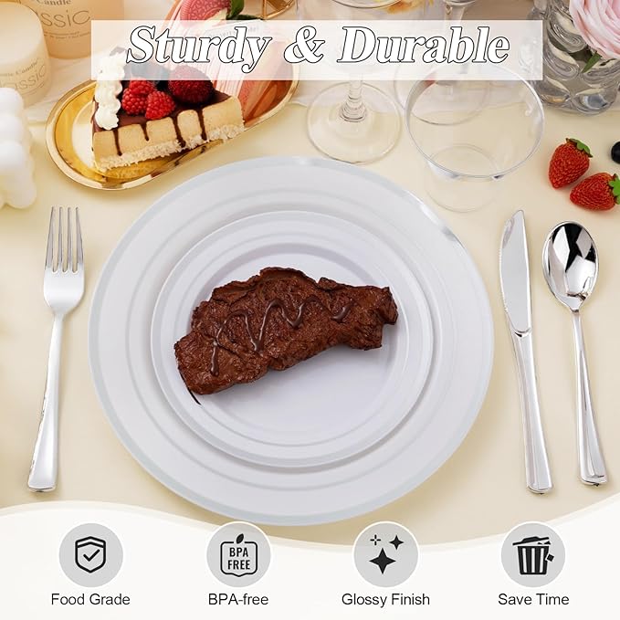 BESTSTAR 100PCS Silver Plastic Plates Set, 50 10.25 inch Dinner Plate and 50 7.5 inch Dessert Plates, Premium Disposable Plates for Party, Wedding