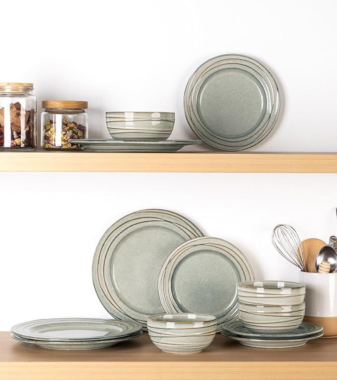 GBHOME Ceramic Dinnerware Sets,12 pcs Embossed Elegant Stoneware Plates and Bowls Sets, Housewarming Wedding Gift | Dishwasher & Microwave Safe | Dishes Set Service for 4,Desert Sage