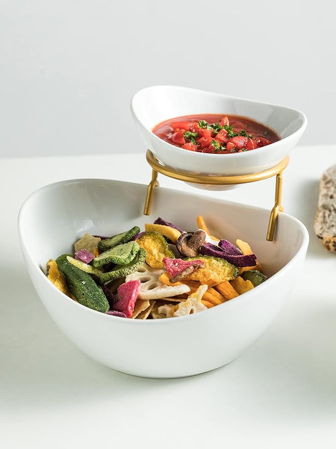 Porcelain Serving Bowl Set for Appetizer Serving Dishes Set with 2 Compartment, Chip and Dip Taco Rack Display Salad Bar Serving Set, Gold Stand