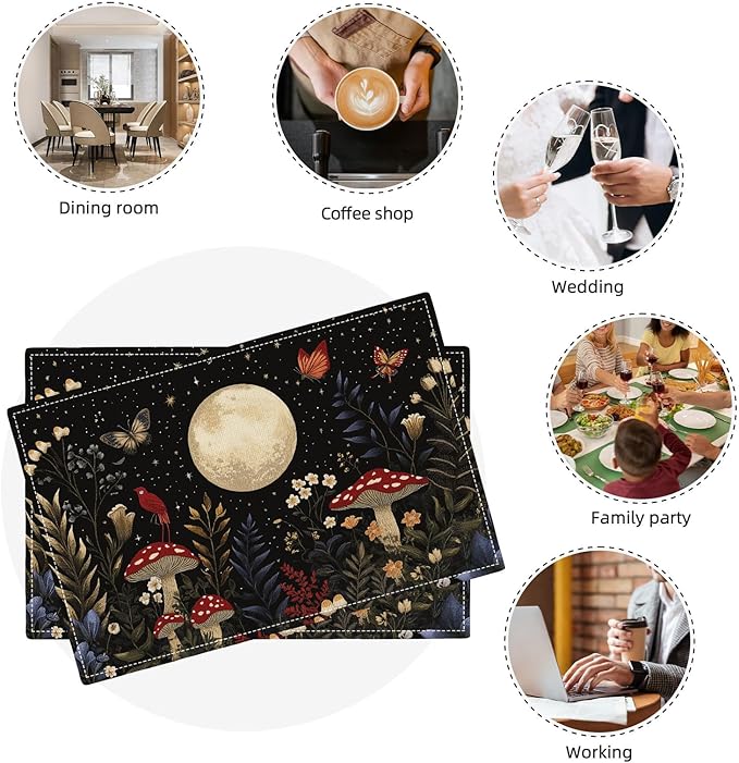 Mushroom Botanical Placemats Set of 4, Mushroom Plants Leaves Butterfly Place Mats, Moon Waterproof Washable Table Mats for Home Party Indoor Kitchen Dining Table Decoration 12x18 Inch